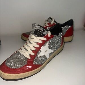 Golden Goose Silver Glitter Sneakers with Red and White Accents
